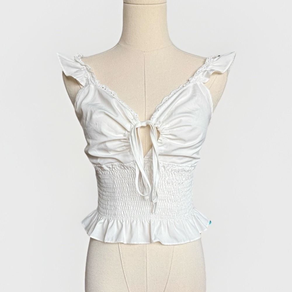 Coquette Ruffle Babydoll Top M Romantic Y2K Boho Fairy Keyhole Tie White V-Neck - Picture 1 of 9